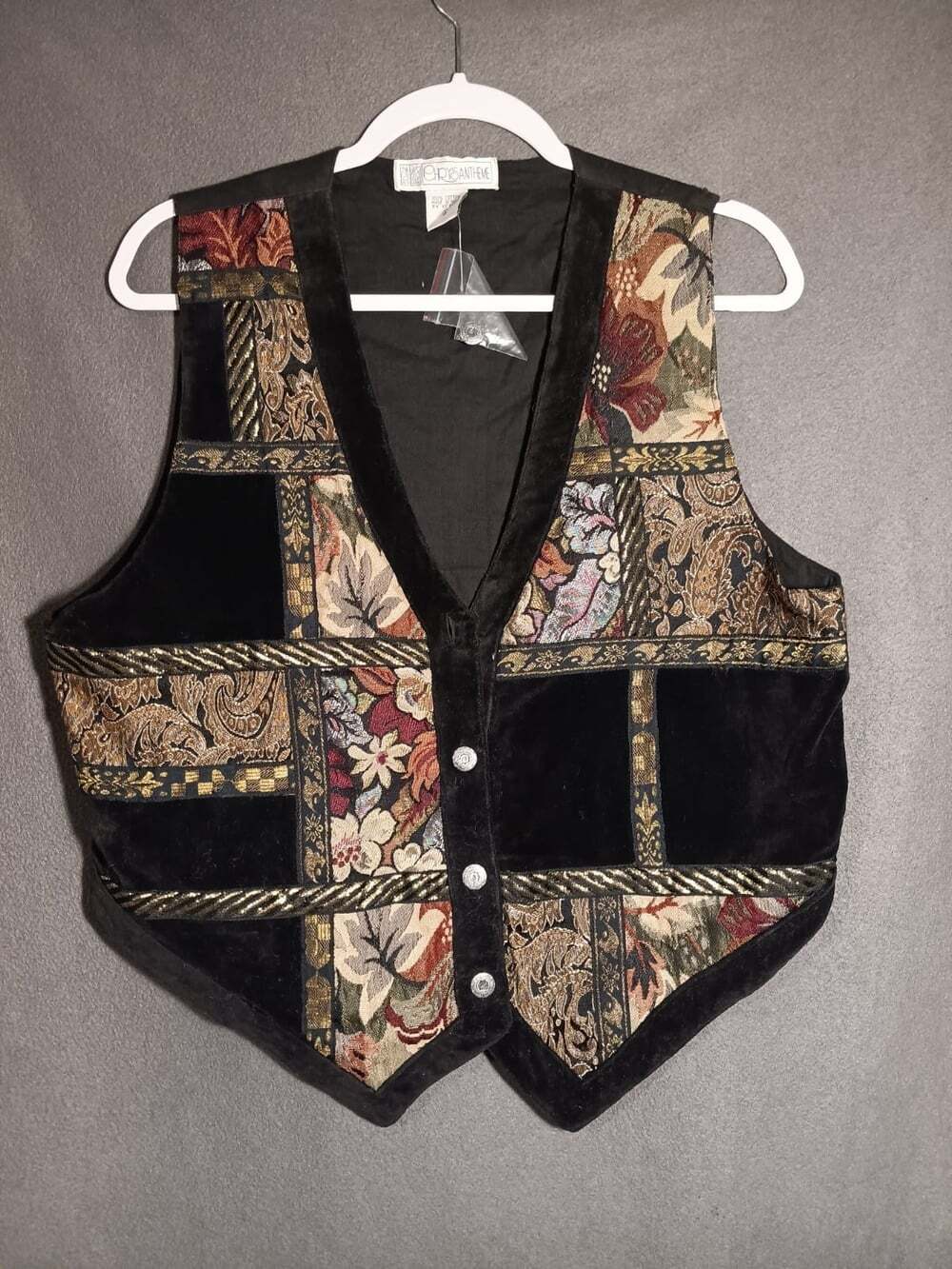 Chrysantheme Black Velvet Floral Patchwork Vest Women's Large Renaissance Faire
